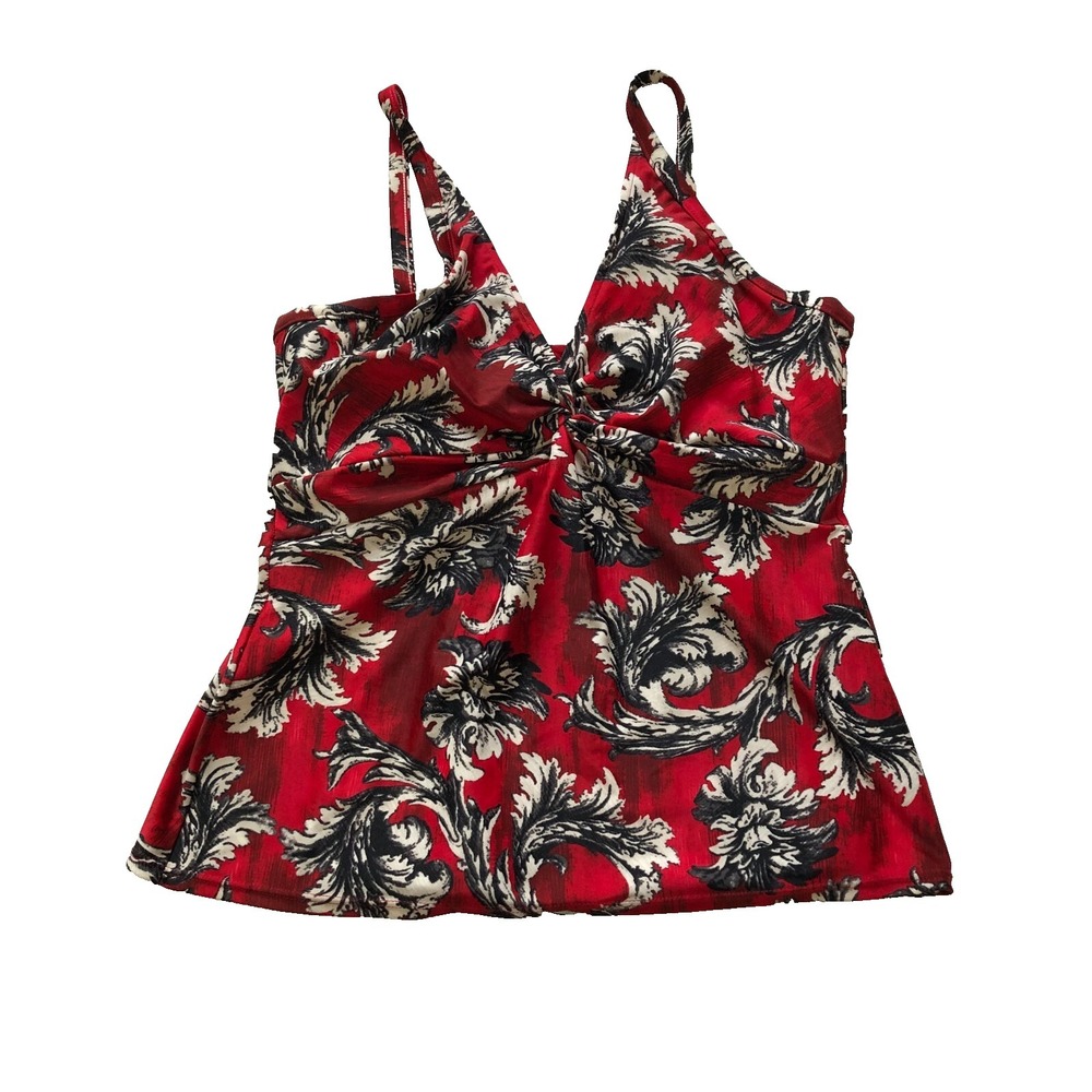 Sunsets Tankini Women's 38DD Red Black White‎ Floral Adjustable Straps Swim Top